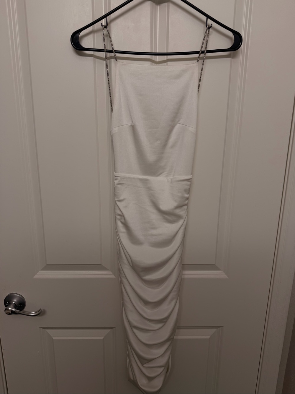 Fashion Nova White Ruched Maxi Slip Dress with Chain Straps